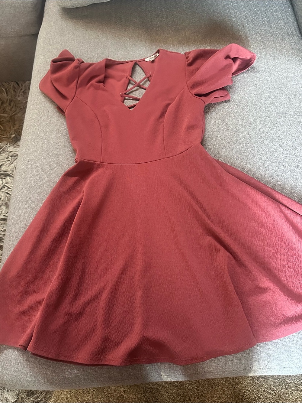 Women’s Rust Red Fit-and-Flare Dress with Crisscross Back  V-Neck Front